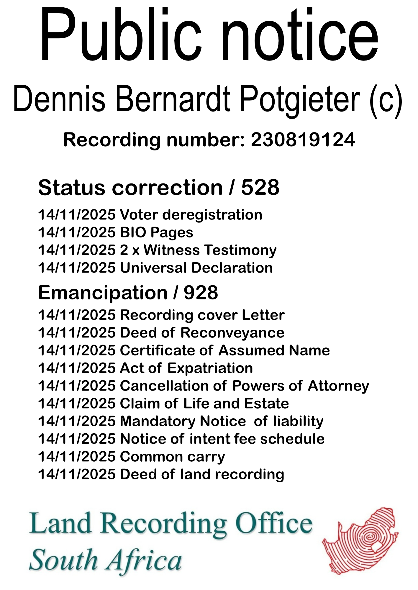 Public notice Dennis Bernardt Potgieter Recording number 230819124